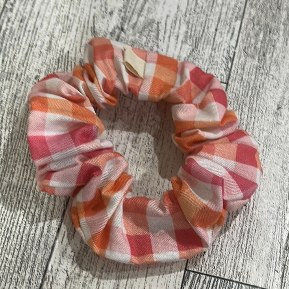 Chic Jem Pink and Orange Plaid Hair Scrunchie
